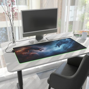 LED Gaming Desk Mat: Electrifying Duel - Fire & Lightning Dragons - Elevate Your Battle Station!