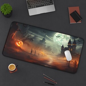 Halloween Desk Mat with Spooky Haunted House, Full Moon and Pumpkins - Extra Large Mouse Pad -Seasonal Home Office Decor