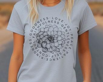Dahlia Floral Flower TShirt Regalo de cumpleaños para ella Boho Fruit of the Spirit Camisetas cristianas Bible Verse Galatians Garden Lover Gift para mamá