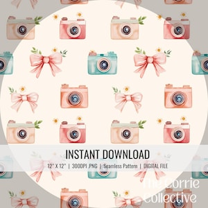 May include: A seamless pattern featuring watercolor illustrations of vintage cameras in pastel colors, bows, and daisies. The cameras are in shades of pink, peach, and teal. The text "INSTANT DOWNLOAD" is at the bottom of the image.