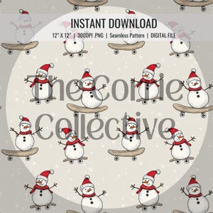 Snowmen on Skateboards | Seamless File For Fabric, Digital, Instant Download, Red, Winter, Christmas, Neutral