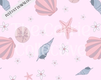 Seashell Floral Seamless File For Fabric, Digital, Instant Download, Pink