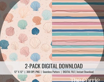 Seashell Stripes Seamless Pattern Bundle, Summer Kids Fabric and POD, Neutral Colors, Digital Download