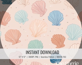 Watercolor Seashell Seamless Pattern | Coastal Shell Repeat Design | Neutral Beach Fabric Print | Soft Pastel Ocean Digital Paper