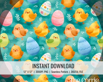 Easter Chick Seamless Pattern, Cute Watercolor Baby Chicks and Eggs, Spring Pastel Digital Paper, 12x12 PNG Instant Download