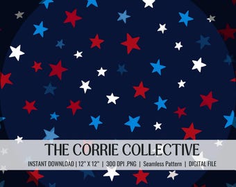 Patriotic Stars Seamless Pattern for Fabric and POD, Red White Blue (Digital Download)