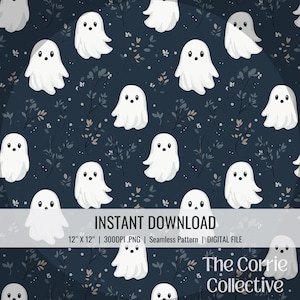 Cute Halloween Ghosts with Flowers, Seamless File, Digital File, Instant Download