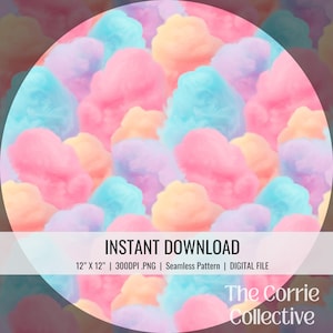 May include: A digital seamless pattern featuring fluffy, colorful clouds in shades of pink, blue, yellow, and purple. The text "INSTANT DOWNLOAD" is displayed, along with dimensions of 12" x 12". The Corrie Collective logo is also visible.