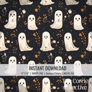 Cute Halloween Ghosts with Flowers, Seamless File, Digital File, Instant Download