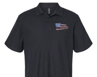 Distressed American Flag Poloshirt, Patriotisches US Flag besticktes Shirt, Distressed USA Flag Poloshirt