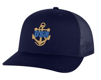 Navy Veteran Cap - USN Military Trucker Hat Embroidered Anchor - US Navy Veteran Ball Caps