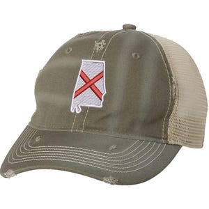 Gorra de camionero desgastada de Alabama con bandera del estado bordada y cierre de malla para hombre y mujer.