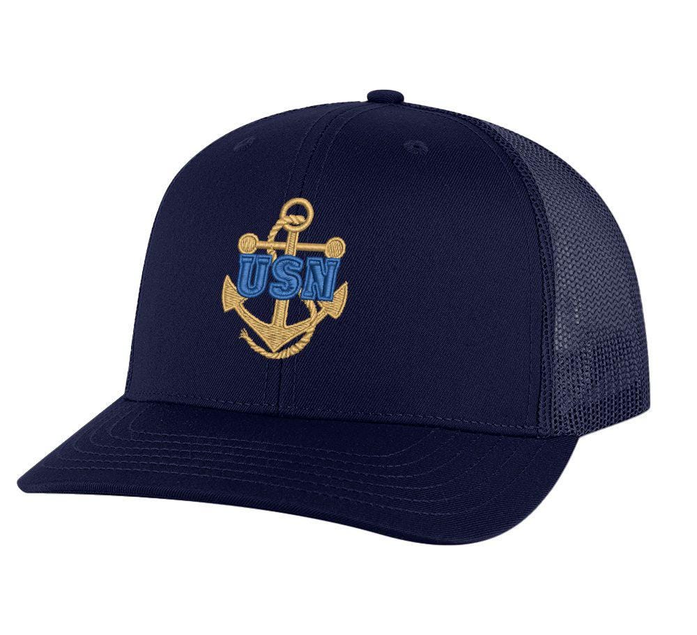 Classic USN Navy Trucker Hat – Embroidered Gold Anchor with Rope Logo, Patriotic Mesh Snapback Cap
