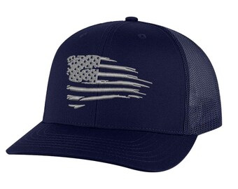 Distressed American Flag Hat - Modern Patriotic Snapback with Silver Embroidery | Weathered Flag Cap