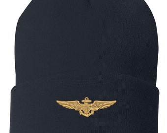 Navy Aviator Pilot Wings Cuffed Beanie, US Navy Cuffed Beanie, Navy Hat, Navy Pilot Hat, US Navy Pilot Cuffed Beanie, Embroidered