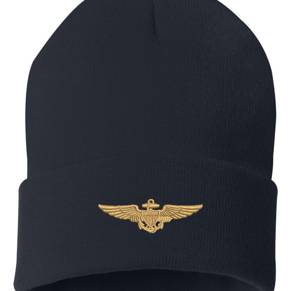 Navy Aviator Pilot Wings Cuffed Beanie, US Navy Cuffed Beanie, Navy Hat, Navy Pilot Hat, US Navy Pilot Cuffed Beanie, Embroidered