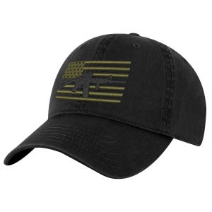May include: A black baseball cap featuring an embroidered design on the front panel. The design displays a stylized American flag in olive green, with a black silhouette of a rifle superimposed over the center of the flag's stripes and stars.