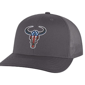American Flag Bull Head Trucker Hat – Embroidered Bull Head, Mesh Snapback Cap