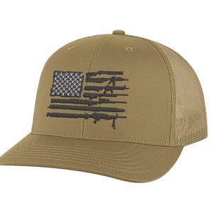 Rifle American Flag Snapback Hat - Embroidered Flag with Rifles for Stripes, Patriotic Trucker Cap for 2nd Amendment Supporters & Freedom