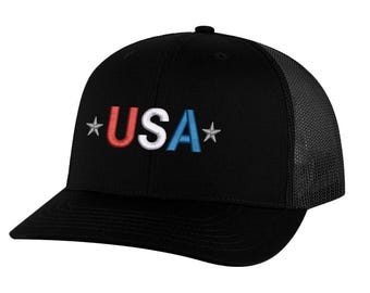 USA Trucker Hat - Embroidered Red White Blue Design - Patriotic USA Trucker Cap Snapback