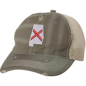 Gorra del estado de Alabama - Diseño de bandera desgastada - Gorra de camionero vintage Crimson Tide con correa trasera