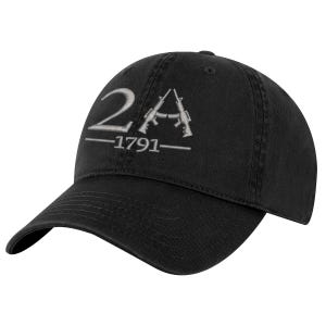 May include: A black baseball cap featuring an embroidered design in silver thread. The design displays the text 2A with two crossed rifles replacing the letter A, and the year 1791 printed below the rifles, all centered on the front panel.
