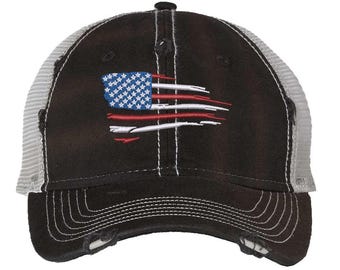 American Flag Trucker Hat Distressed Embroidered Patriotic Mesh Cap with Adjustable Buckle