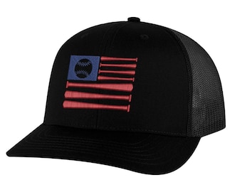 Classic American Baseball Trucker Hat – Embroidered Flag with Baseball Bats, Patriotic Mesh Snapback Cap for Fans