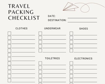 May include: A printable travel packing checklist with sections for clothes, underwear, shoes, toiletries, electronics, accessories, other, and important items. The checklist has a simple design with checkboxes and lines for writing.