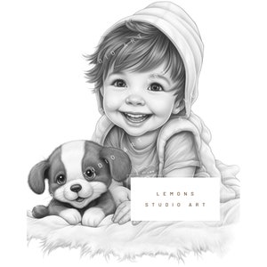 Puppie Smiles - Printable Adult Kids Cute Animal Colouring Pages Instant Download Grayscale - PDF & PNG