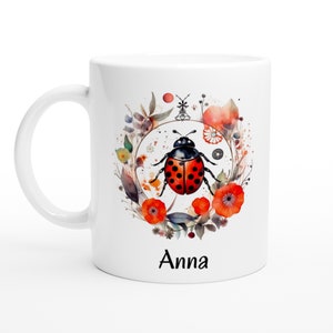 Boho mug with personalized ladybug and floral wreath - Unique splash of color for your morning coffee