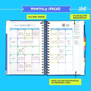 May include: A two-page spread planner with a blue cover, featuring a monthly calendar layout. The calendar includes color-coded sections, notes, and the text "MONTHLY SPREAD." The planner is spiral-bound and includes the text "COLOR KEY FOR ORGANIZATION."