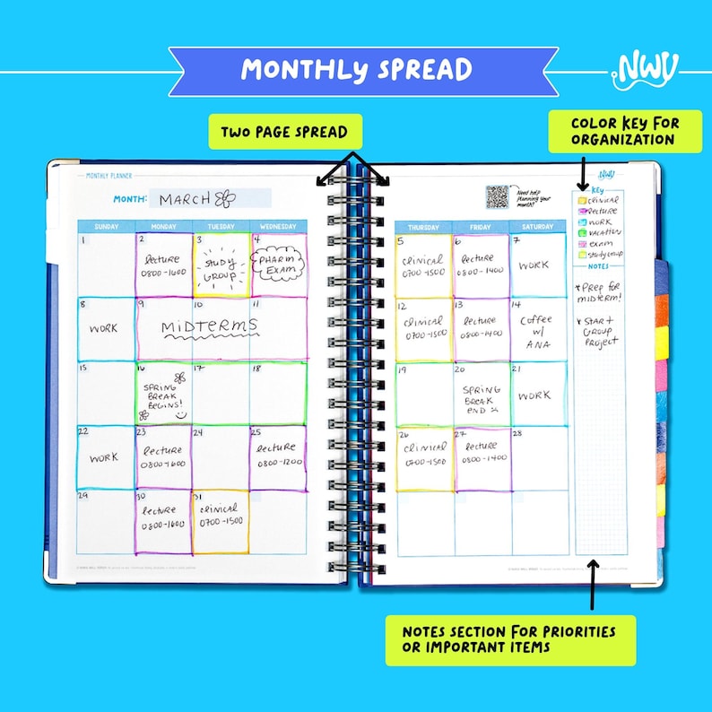 May include: A two-page spread planner with a blue cover, featuring a monthly calendar layout. The calendar includes color-coded sections, notes, and the text "MONTHLY SPREAD." The planner is spiral-bound and includes the text "COLOR KEY FOR ORGANIZATION."