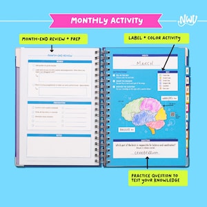 May include: Open spiral-bound planner with a blue cover, featuring a "Monthly Activity" section. The left page has a review section, and the right page includes a brain diagram for a "Label + Color Activity" with the month of March. The text "Practice Question to Test Your Knowledge" is visible.