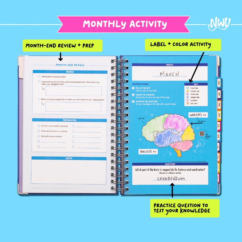 May include: Open spiral-bound planner with a blue cover, featuring a "Monthly Activity" section. The left page has a review section, and the right page includes a brain diagram for a "Label + Color Activity" with the month of March. The text "Practice Question to Test Your Knowledge" is visible.