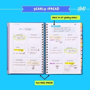 May include: A two-page spread planner with a blue cover, featuring a yearly calendar for 2026. The planner includes sections for setting yearly goals and a detailed monthly layout with dates and notes. The text "Yearly Spread" is at the top.