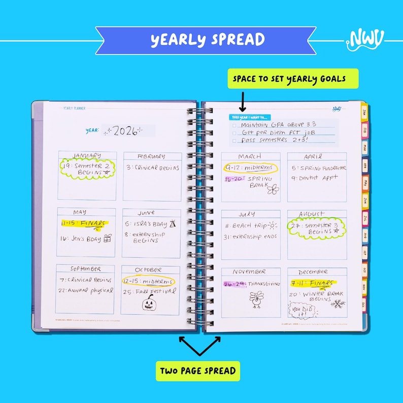 May include: A two-page spread planner with a blue cover, featuring a yearly calendar for 2026. The planner includes sections for setting yearly goals and a detailed monthly layout with dates and notes. The text "Yearly Spread" is at the top.