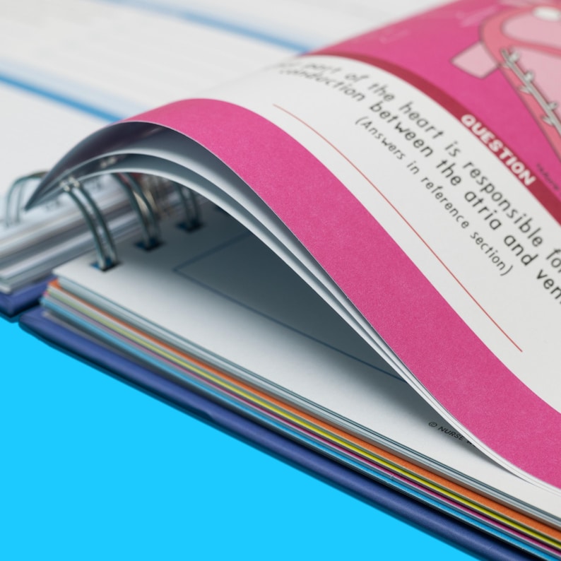 May include: Close-up of an open spiral-bound notebook with pages of various colors. The top page has a pink border with the word "QUESTION" and text about the heart. The notebook is on a blue surface.