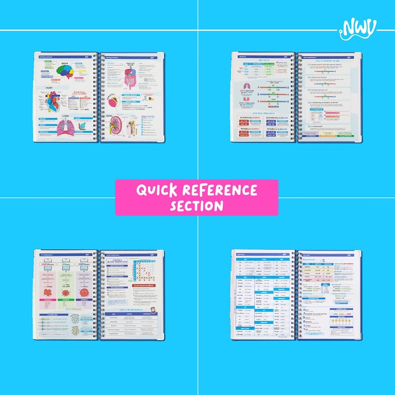 May include: Four open spiral-bound notebooks with medical diagrams and charts are displayed against a bright blue background. The notebooks feature colorful illustrations of the human anatomy, including the heart, lungs, and brain. The text "QUICK REFERENCE SECTION" is on a pink banner.