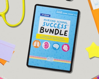 May include: A tablet displaying the Nursing School Success Bundle 3rd Edition cover. The blue screen features the title, a yellow banner listing subjects, and four circular icons depicting lungs, a kidney, a brain, and a heart.