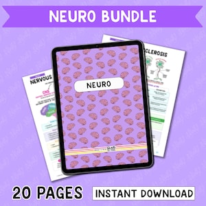 Puede incluir: Un paquete de descarga digital de 20 páginas de materiales educativos imprimibles sobre el sistema nervioso. La portada presenta un fondo morado con un patrón repetido de contornos de cerebro rosa. El título "NEURO" está escrito en blanco sobre un rectángulo blanco.