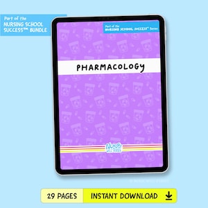 May include: A digital tablet displaying a purple study guide cover titled PHARMACOLOGY. The background features a repeating pattern of pill bottles. Text includes Part of the NURSING SCHOOL SUCCESS bundle and Nurse Well Versed branding.