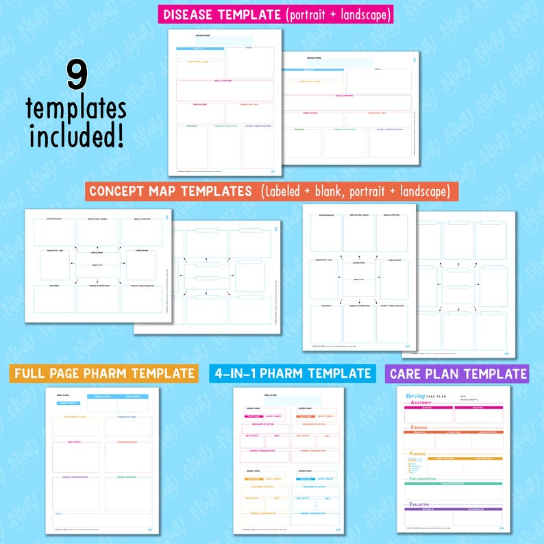 May include: Nine printable templates for concept mapping, disease tracking, and medication management. The templates include labeled and blank options, as well as portrait and landscape orientations.