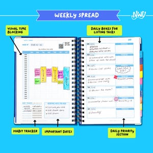May include: Open planner with a blue cover, displaying a weekly spread for February 15-21. Features include visual time blocking, daily boxes for listing tasks, a habit tracker, and a daily priority section. Text includes "Weekly Spread" and "Important Dates".