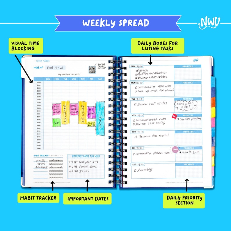 May include: Open planner with a blue cover, displaying a weekly spread for February 15-21. Features include visual time blocking, daily boxes for listing tasks, a habit tracker, and a daily priority section. Text includes "Weekly Spread" and "Important Dates".