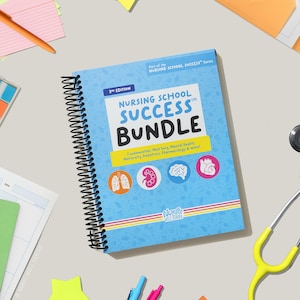 May include: A light blue spiral-bound study guide titled Nursing School Success Bundle 3rd Edition. The cover features icons of lungs, a kidney, a brain, and a heart, with text listing subjects like Fundamentals, Med Surg, and Pharmacology.