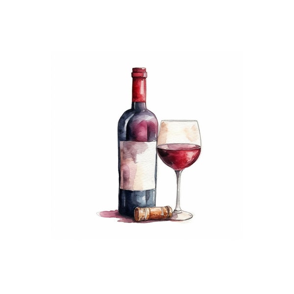 Red Wine Watercolor Print, Watercolor Print, Wall Art, Bottle of Red Wine, Artwork, Home Decor, Digital Download