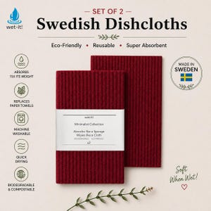 May include: Two red Swedish dishcloths, part of the Minimalist Collection, are shown with a white label. The dishcloths are eco-friendly, reusable, super absorbent, machine washable, quick drying, and biodegradable. The text reads "wet-it!" and "Made in Sweden."