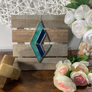 Diamond Suncatcher – Stained Glass Blue Aquamarine Modern Coastal Window Decor Sun Catcher Gift Ornament