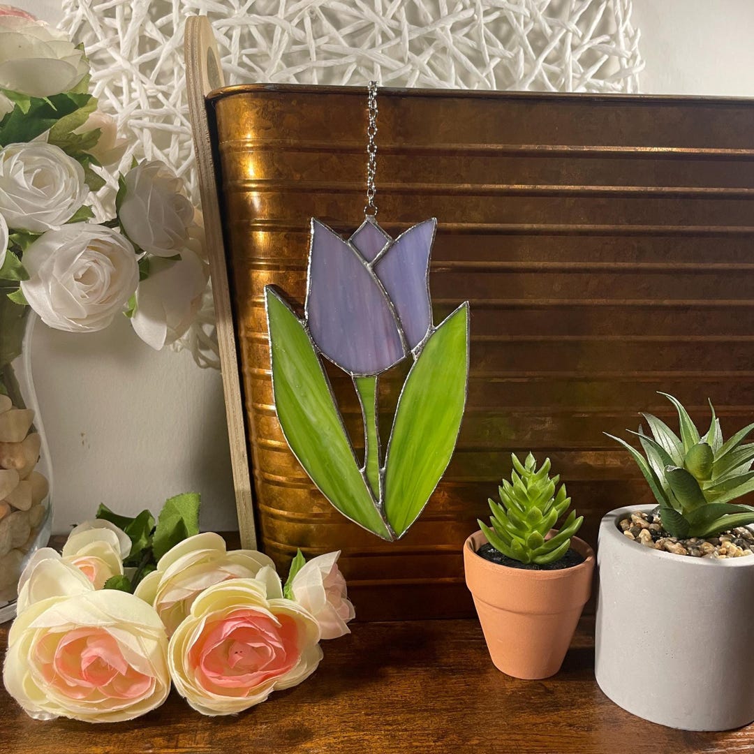 Tulip Suncatcher – Stained Glass Light Purple Floral Window Decor Sun ...